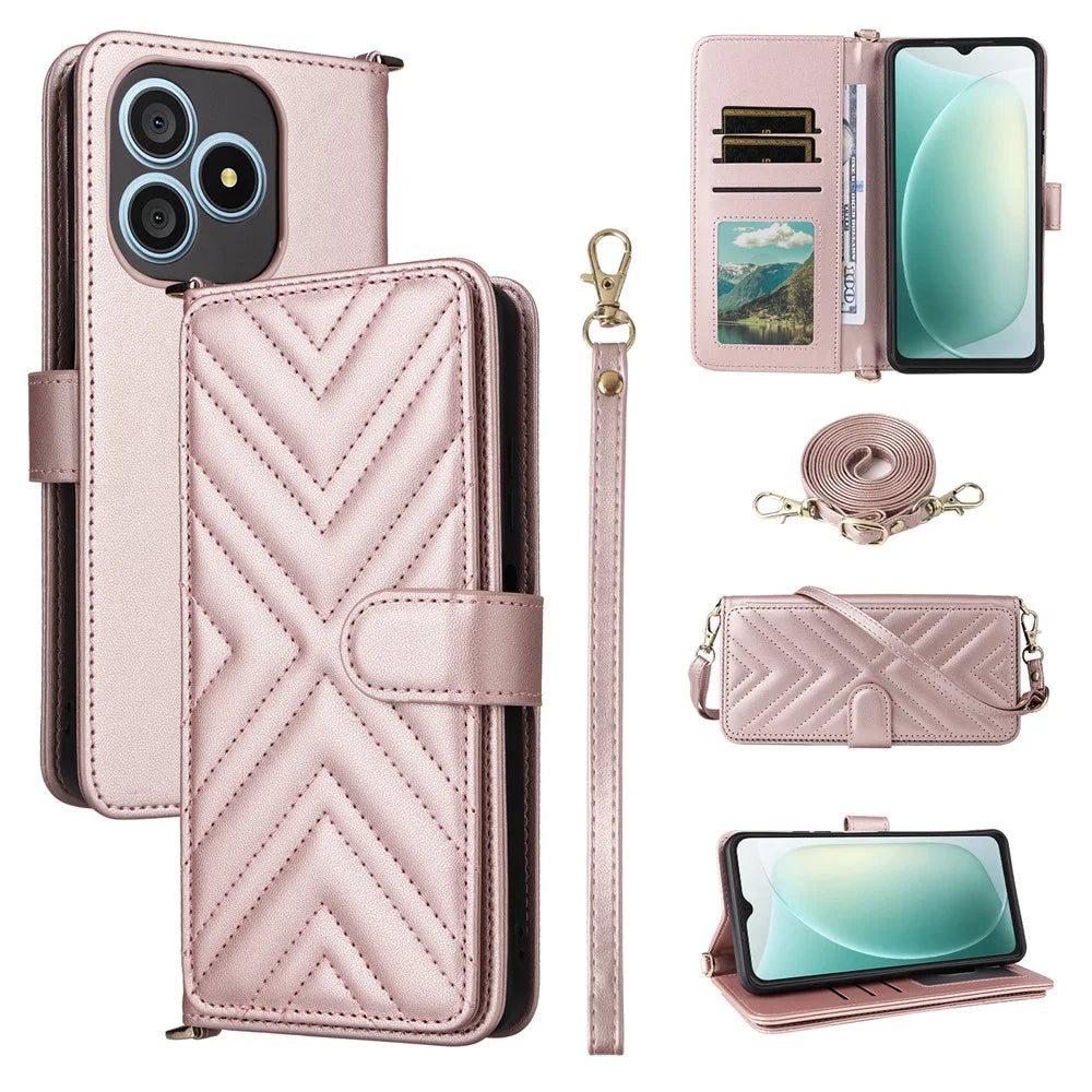 For Blackview Wave 9C Leather Case Stand Wallet Phone Cover with Shoulder / Wrist Strap - Pink - 1