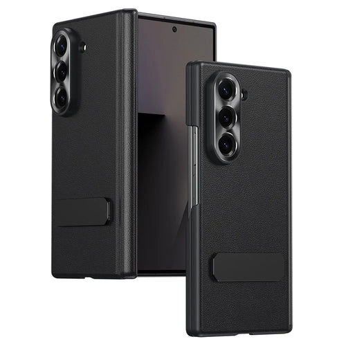 For Samsung Galaxy Z Fold6 5G Case Foldable Kickstand Leather Anti-Drop Phone Protective Cover - Black - 1