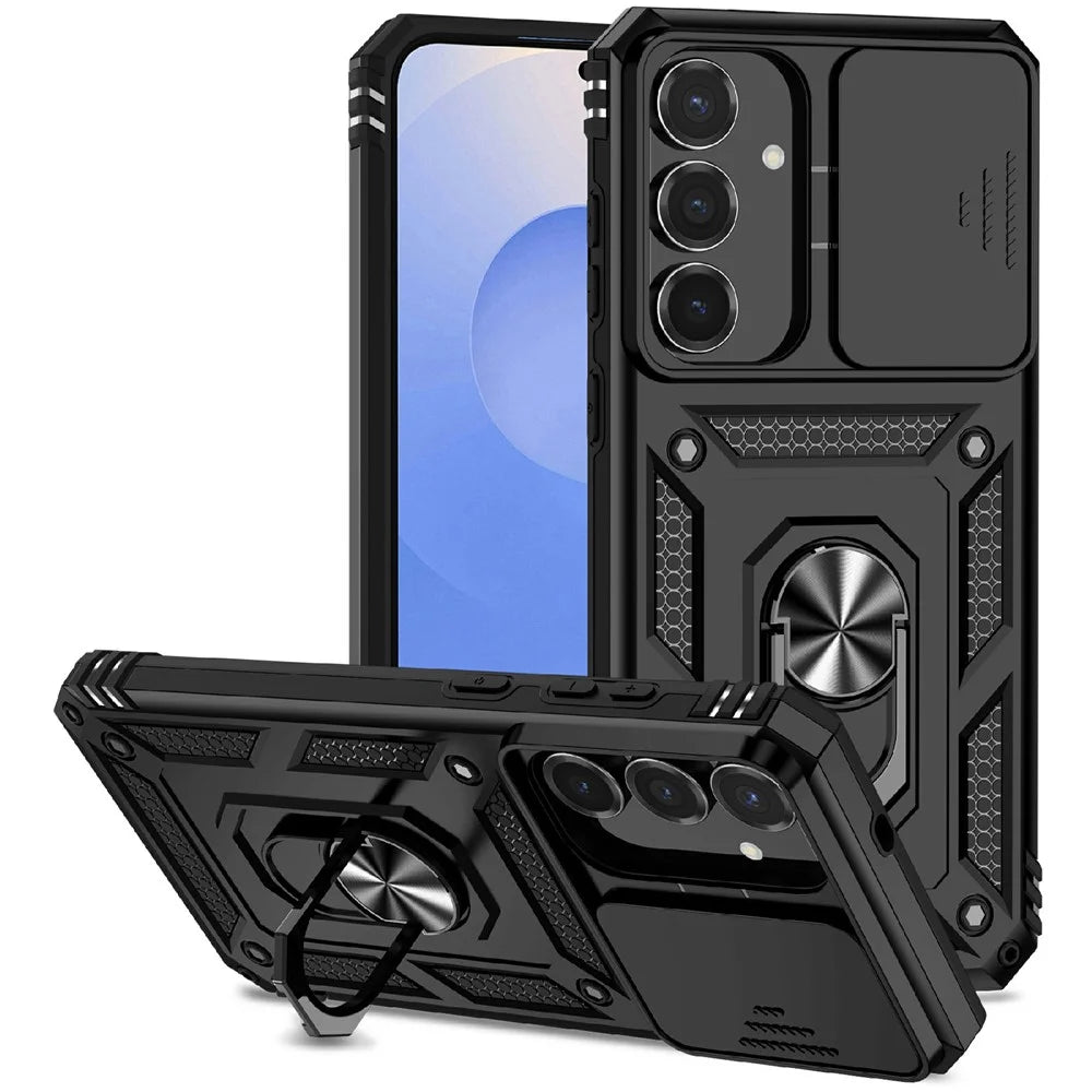 For Samsung Galaxy S25 FE Case PC + TPU Phone Cover with Lens Protection Kickstand - Black - 1