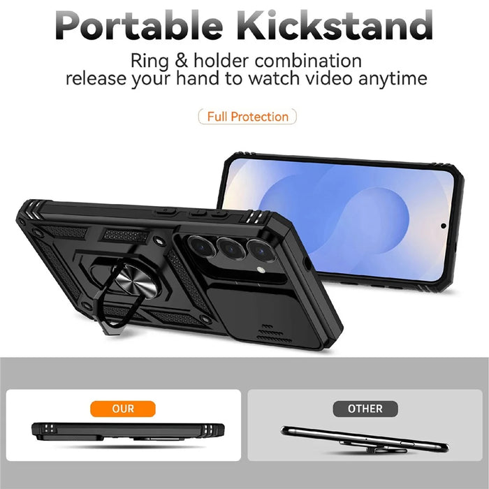 For Samsung Galaxy S25 FE Case PC + TPU Phone Cover with Lens Protection Kickstand - Black - 4