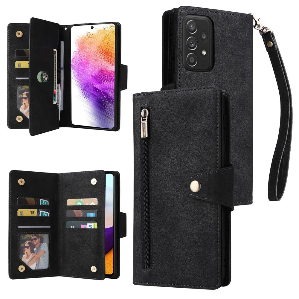 For Samsung Galaxy A73 5G Zipper Pocket Design Cell Phone Case Rivet Buckle PU Leather Phone Cover Stand Wallet with Strap - Black - 1