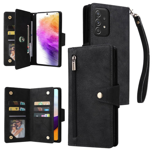 For Samsung Galaxy A73 5G Zipper Pocket Design Cell Phone Case Rivet Buckle PU Leather Phone Cover Stand Wallet with Strap - Black - 1