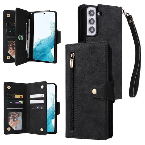 For Samsung Galaxy S23 Rivet Buckle PU Leather Phone Case Stand Wallet Multiple Card Slots Phone Cover with Strap - Black - 1