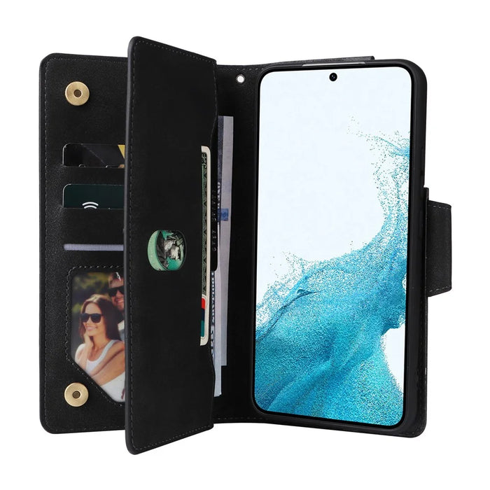 For Samsung Galaxy S23 Rivet Buckle PU Leather Phone Case Stand Wallet Multiple Card Slots Phone Cover with Strap - Black - 3