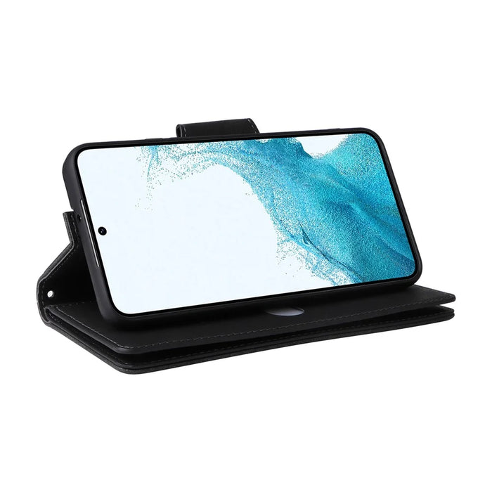 For Samsung Galaxy S23 Rivet Buckle PU Leather Phone Case Stand Wallet Multiple Card Slots Phone Cover with Strap - Black - 4