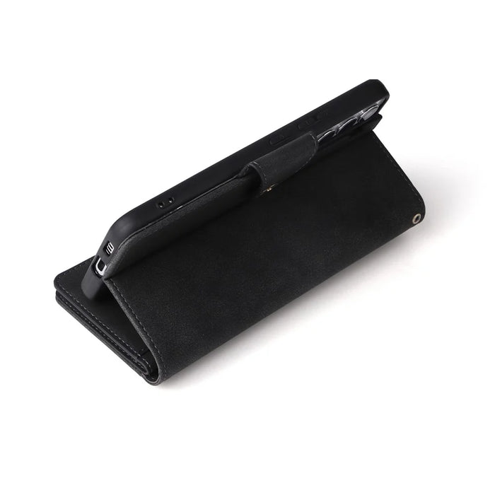 For Samsung Galaxy S23 Rivet Buckle PU Leather Phone Case Stand Wallet Multiple Card Slots Phone Cover with Strap - Black - 5