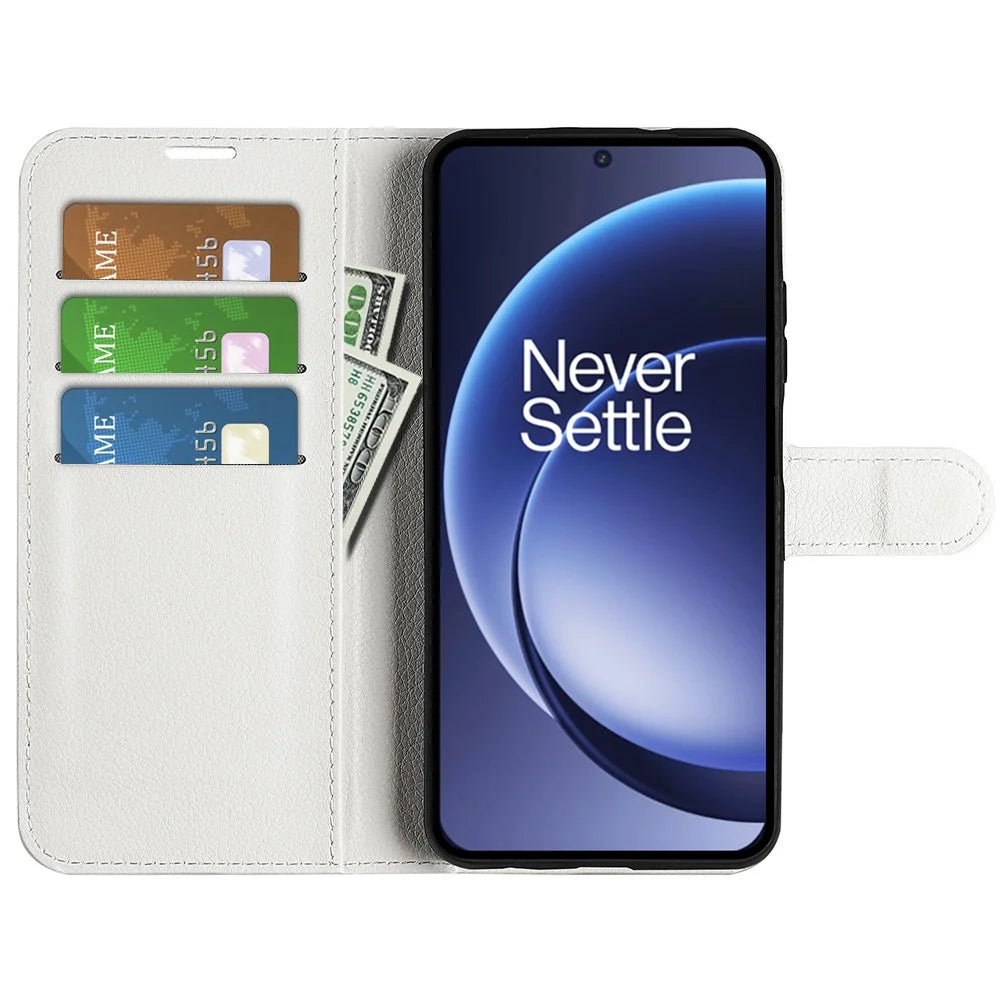 AMORUS For OnePlus 15 5G Wallet Case Litchi Texture Shockproof Leather Flip Stand Phone Cover - White - 2