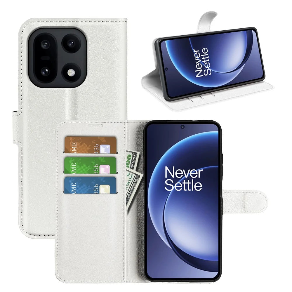 AMORUS For OnePlus 15 5G Wallet Case Litchi Texture Shockproof Leather Flip Stand Phone Cover - White - 5