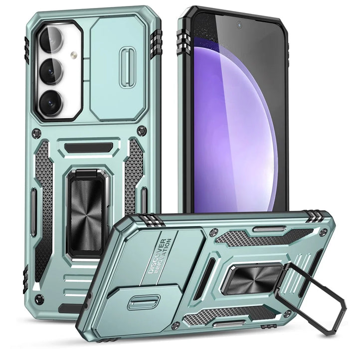 For Samsung Galaxy S25 FE Case Kickstand Slide Lens Lid PC + TPU Drop-Proof Phone Cover - Green - 1