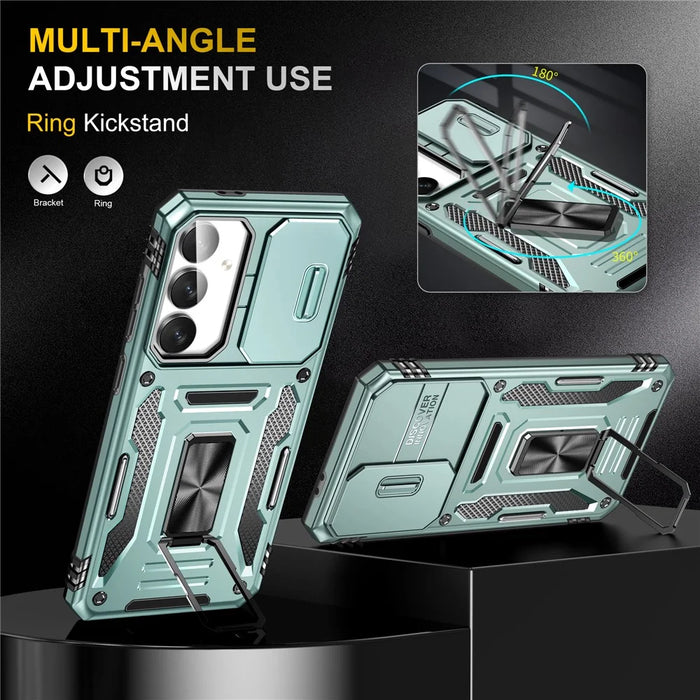 For Samsung Galaxy S25 FE Case Kickstand Slide Lens Lid PC + TPU Drop-Proof Phone Cover - Green - 2