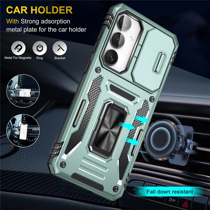 For Samsung Galaxy S25 FE Case Kickstand Slide Lens Lid PC + TPU Drop-Proof Phone Cover - Green - 3