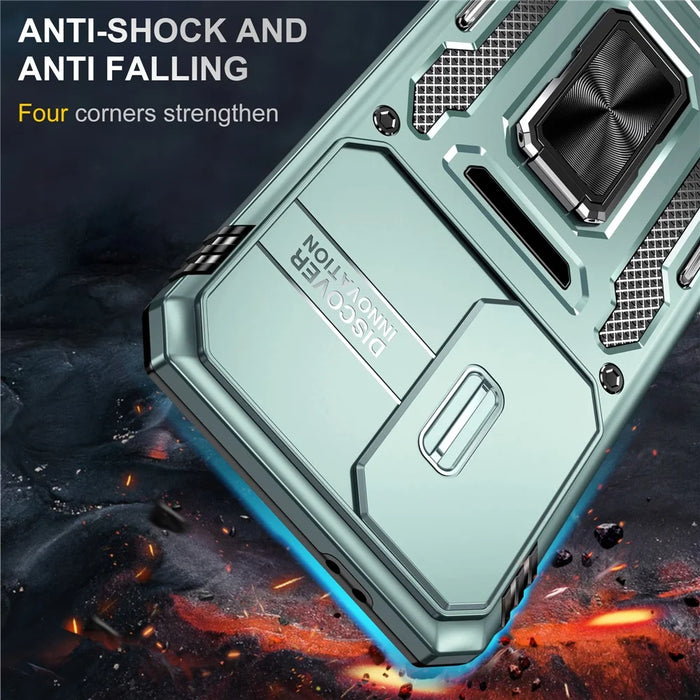 For Samsung Galaxy S25 FE Case Kickstand Slide Lens Lid PC + TPU Drop-Proof Phone Cover - Green - 4