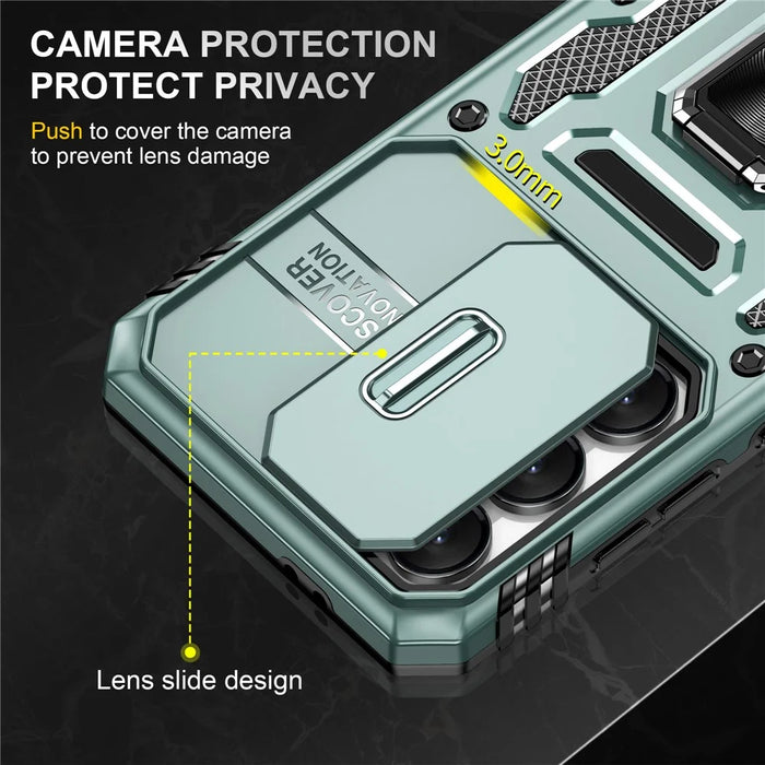For Samsung Galaxy S25 FE Case Kickstand Slide Lens Lid PC + TPU Drop-Proof Phone Cover - Green - 6