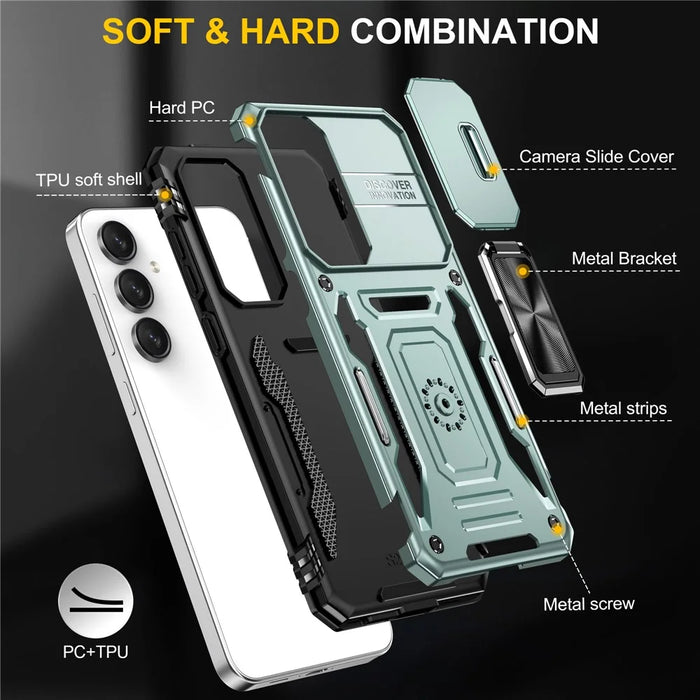 For Samsung Galaxy S25 FE Case Kickstand Slide Lens Lid PC + TPU Drop-Proof Phone Cover - Green - 7