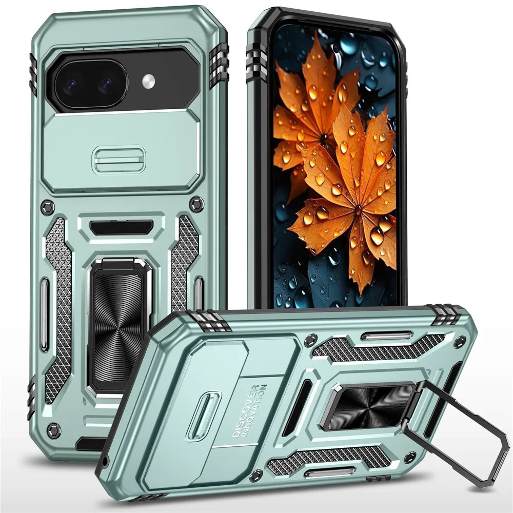 For Google Pixel 9a Case Kickstand Slide Lens Lid PC + TPU Drop-Proof Phone Cover - Green - 1