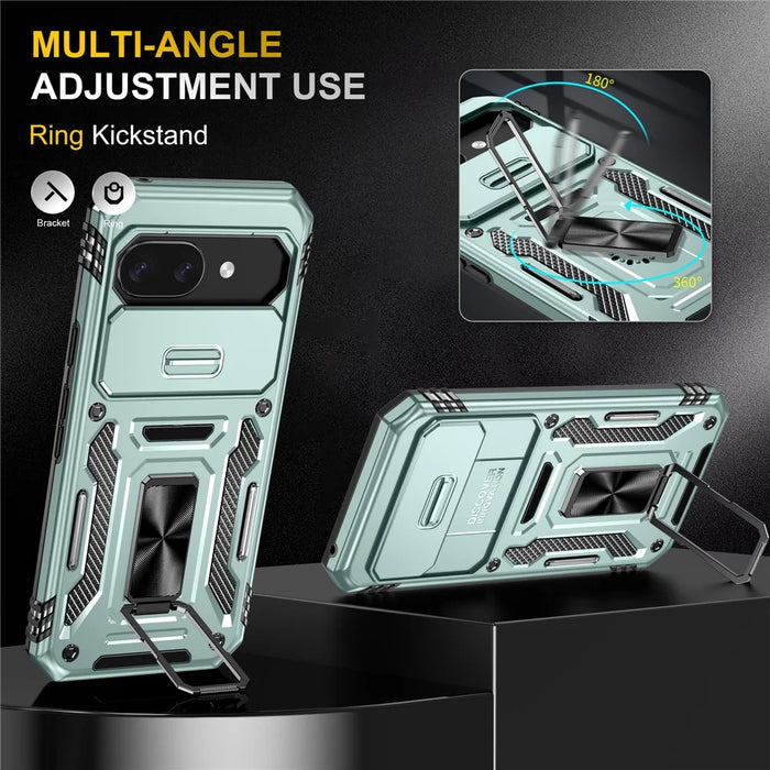 For Google Pixel 9a Case Kickstand Slide Lens Lid PC + TPU Drop-Proof Phone Cover - Green - 2
