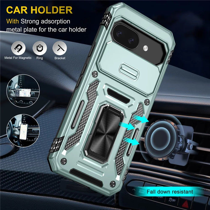 For Google Pixel 9a Case Kickstand Slide Lens Lid PC + TPU Drop-Proof Phone Cover - Green - 3