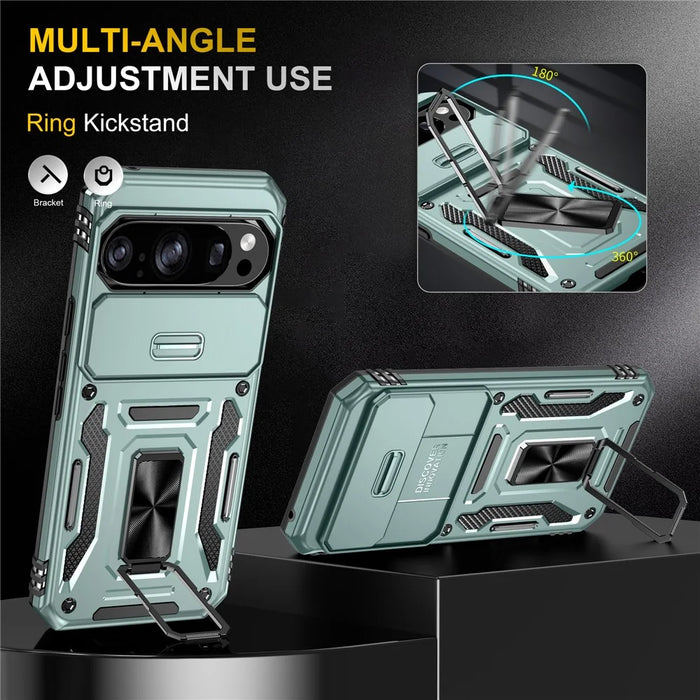 For Google Pixel 11 / 10 Pro / 10 Case Kickstand Slide Lens Lid PC + TPU Drop-Proof Phone Cover - Green - 2