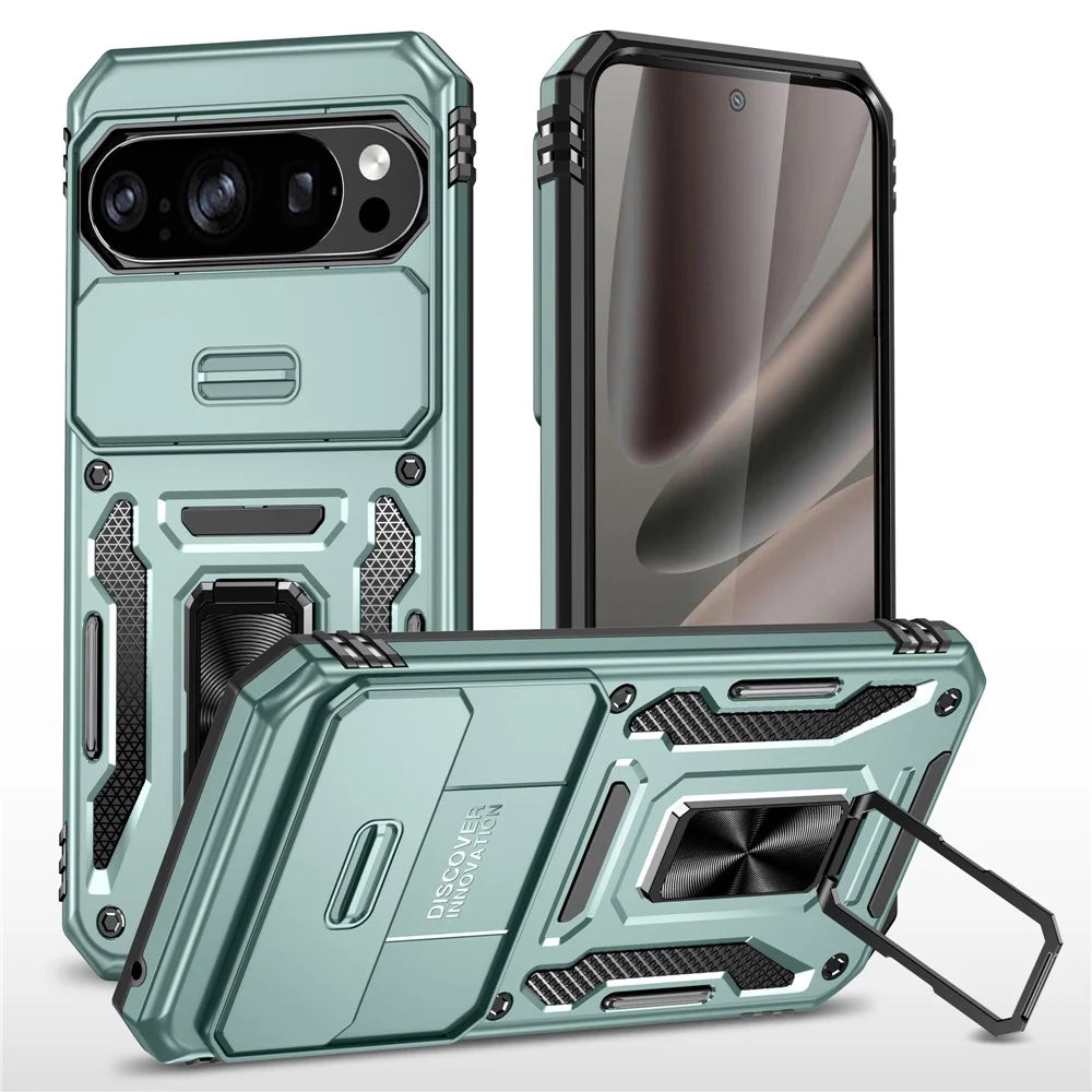 For Google Pixel 11 Pro XL / 10 Pro XL Case Kickstand Slide Lens Lid PC + TPU Drop-Proof Phone Cover - Green - 1
