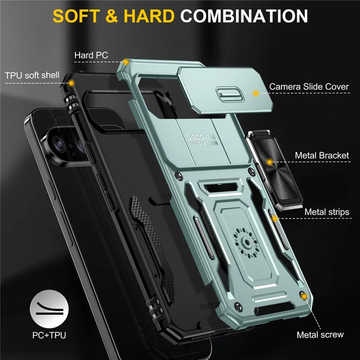 For Google Pixel 11 Pro XL / 10 Pro XL Case Kickstand Slide Lens Lid PC + TPU Drop-Proof Phone Cover - Green - 7