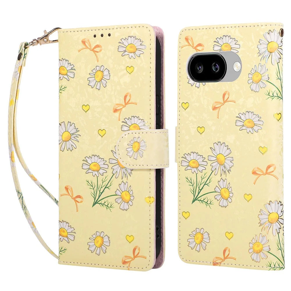 For Google Pixel 9a Case RFID Blocking Flower Leather Phone Cover - Yellow Daisy - 1