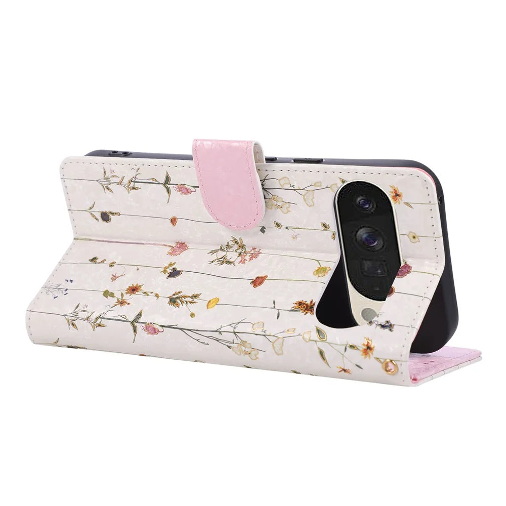 For Google Pixel 10 Pro XL / 9 Pro XL Case RFID Blocking Flower Leather Phone Cover - Small Flower - 4