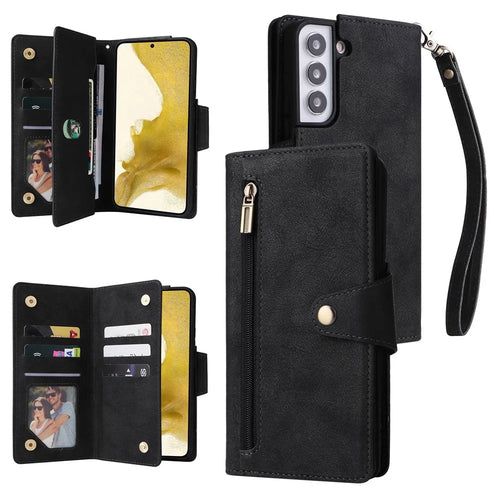 Zipper Pocket Phone Cover for Samsung Galaxy S23+, Rivet Buckle PU Leather Phone Case Stand Wallet with Strap - Black - 1