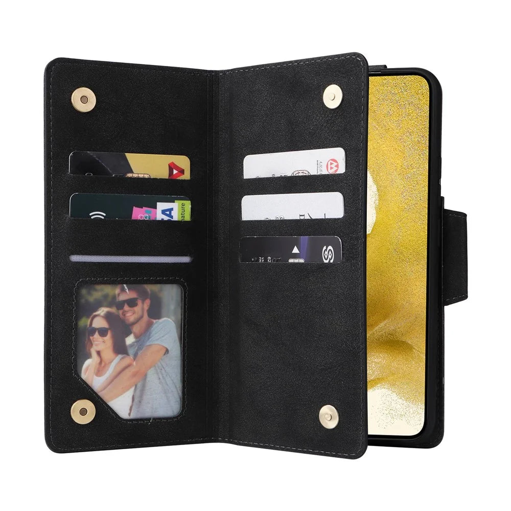 Zipper Pocket Phone Cover for Samsung Galaxy S23+, Rivet Buckle PU Leather Phone Case Stand Wallet with Strap - Black - 2