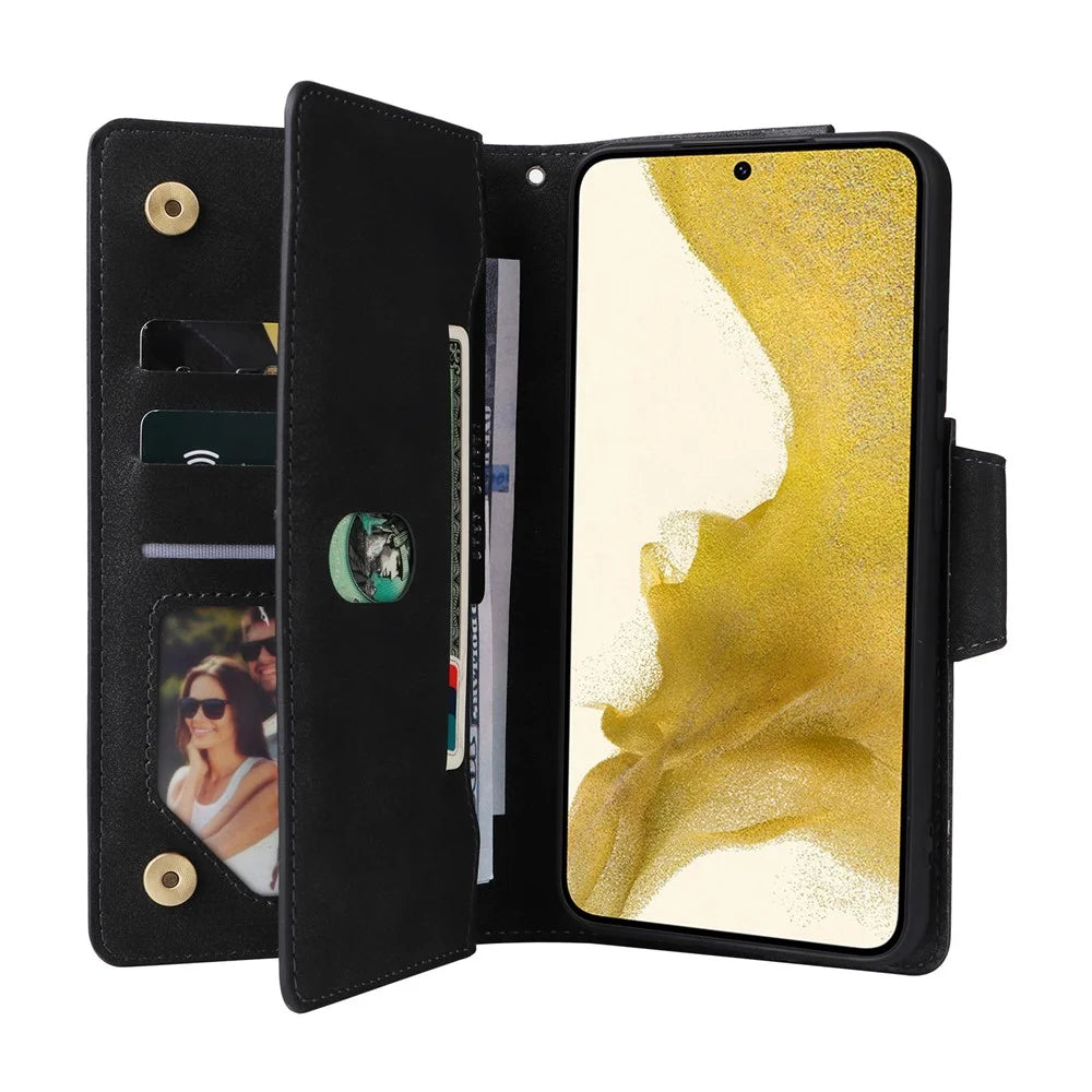 Zipper Pocket Phone Cover for Samsung Galaxy S23+, Rivet Buckle PU Leather Phone Case Stand Wallet with Strap - Black - 3