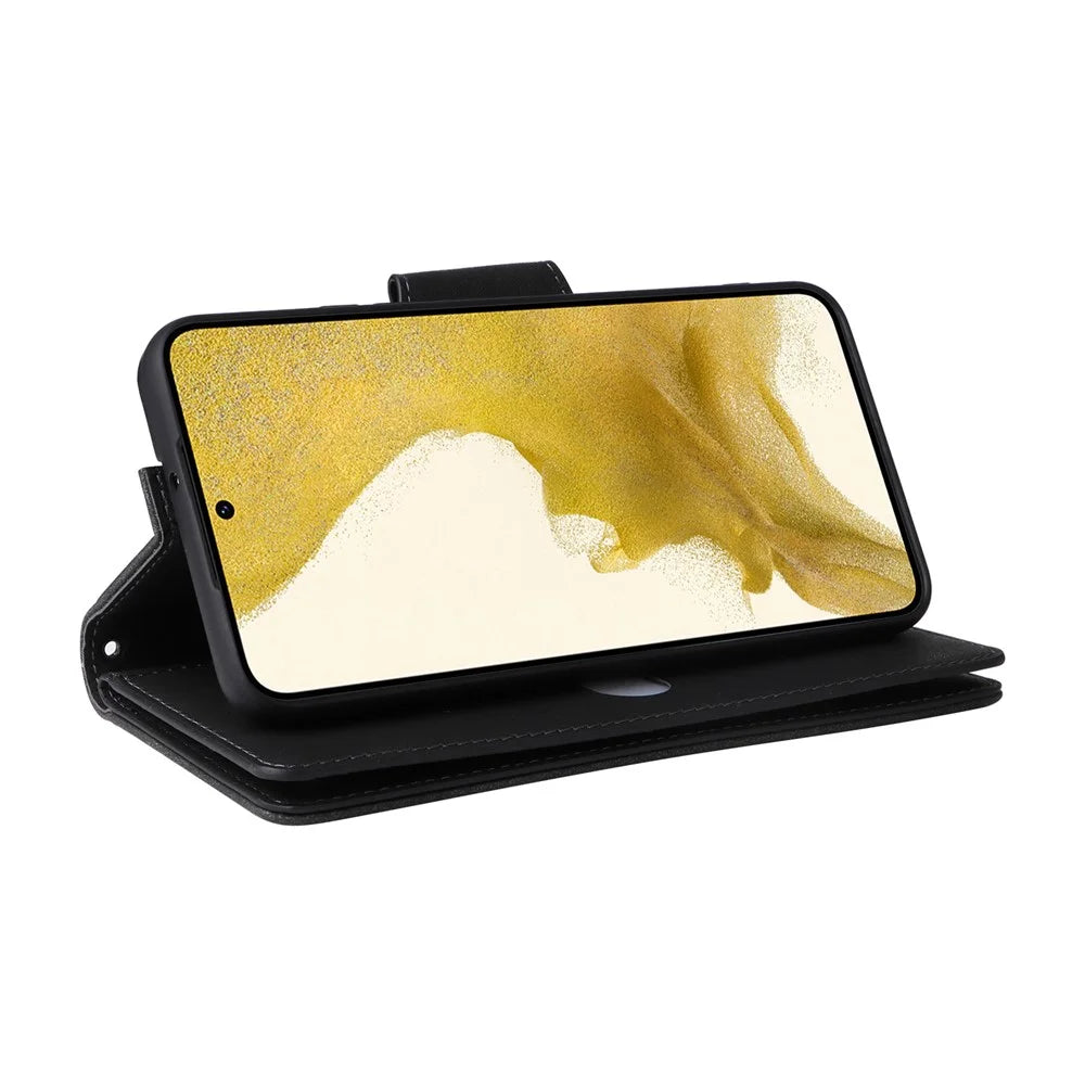 Zipper Pocket Phone Cover for Samsung Galaxy S23+, Rivet Buckle PU Leather Phone Case Stand Wallet with Strap - Black - 4