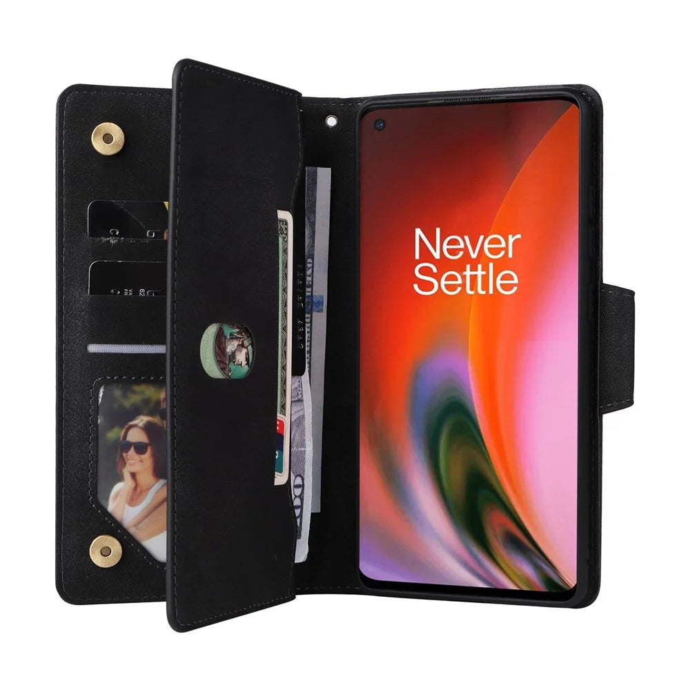 For OnePlus Nord 2 5G Zipper Pocket Design Phone Cover Rivet Buckle PU Leather Phone Case Stand Wallet with Strap - Black - 3