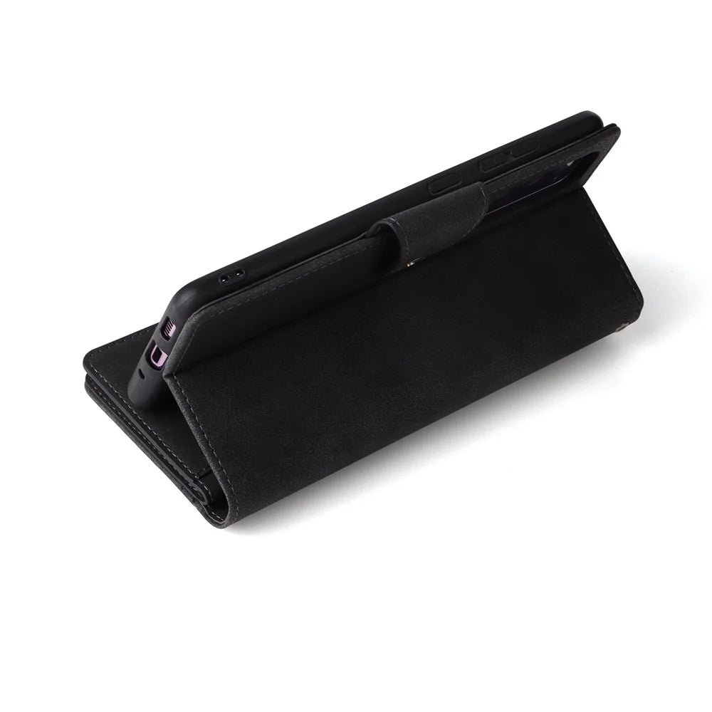 For OnePlus Nord 2 5G Zipper Pocket Design Phone Cover Rivet Buckle PU Leather Phone Case Stand Wallet with Strap - Black - 5