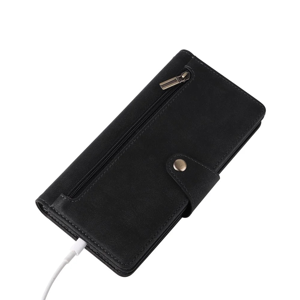 For OnePlus Nord 2 5G Zipper Pocket Design Phone Cover Rivet Buckle PU Leather Phone Case Stand Wallet with Strap - Black - 6