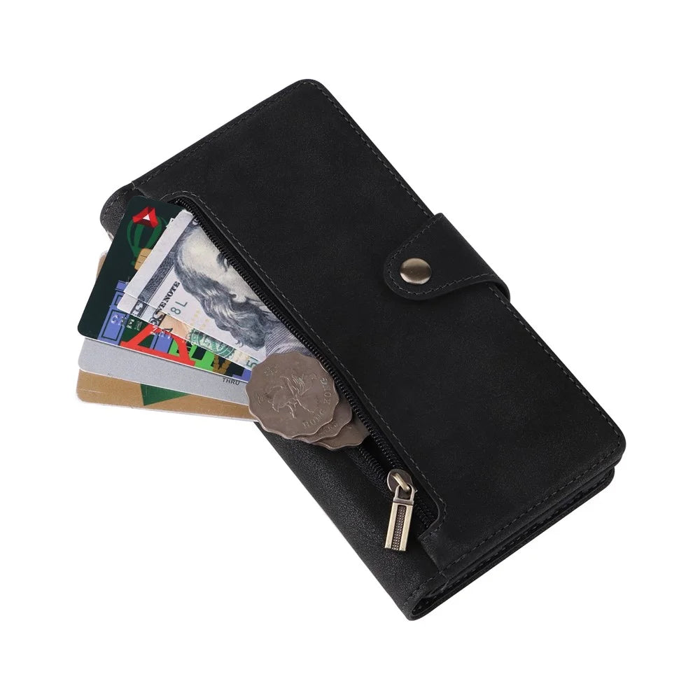 For OnePlus Nord 2 5G Zipper Pocket Design Phone Cover Rivet Buckle PU Leather Phone Case Stand Wallet with Strap - Black - 7