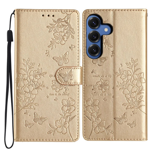 For Samsung Galaxy S26+ Wallet Phone Case Butterfly Floral Imprint Leather Flip Cover with Strap - Gold - 1