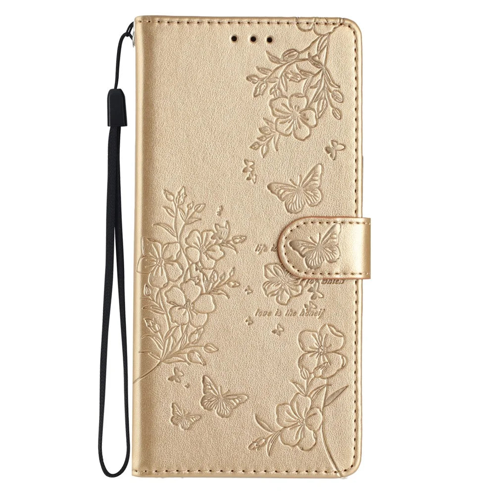 For Samsung Galaxy S26+ Wallet Phone Case Butterfly Floral Imprint Leather Flip Cover with Strap - Gold - 6