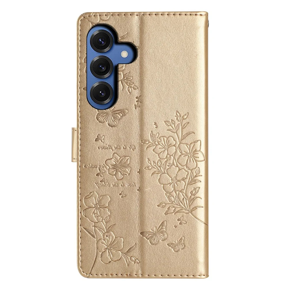 For Samsung Galaxy S26+ Wallet Phone Case Butterfly Floral Imprint Leather Flip Cover with Strap - Gold - 7