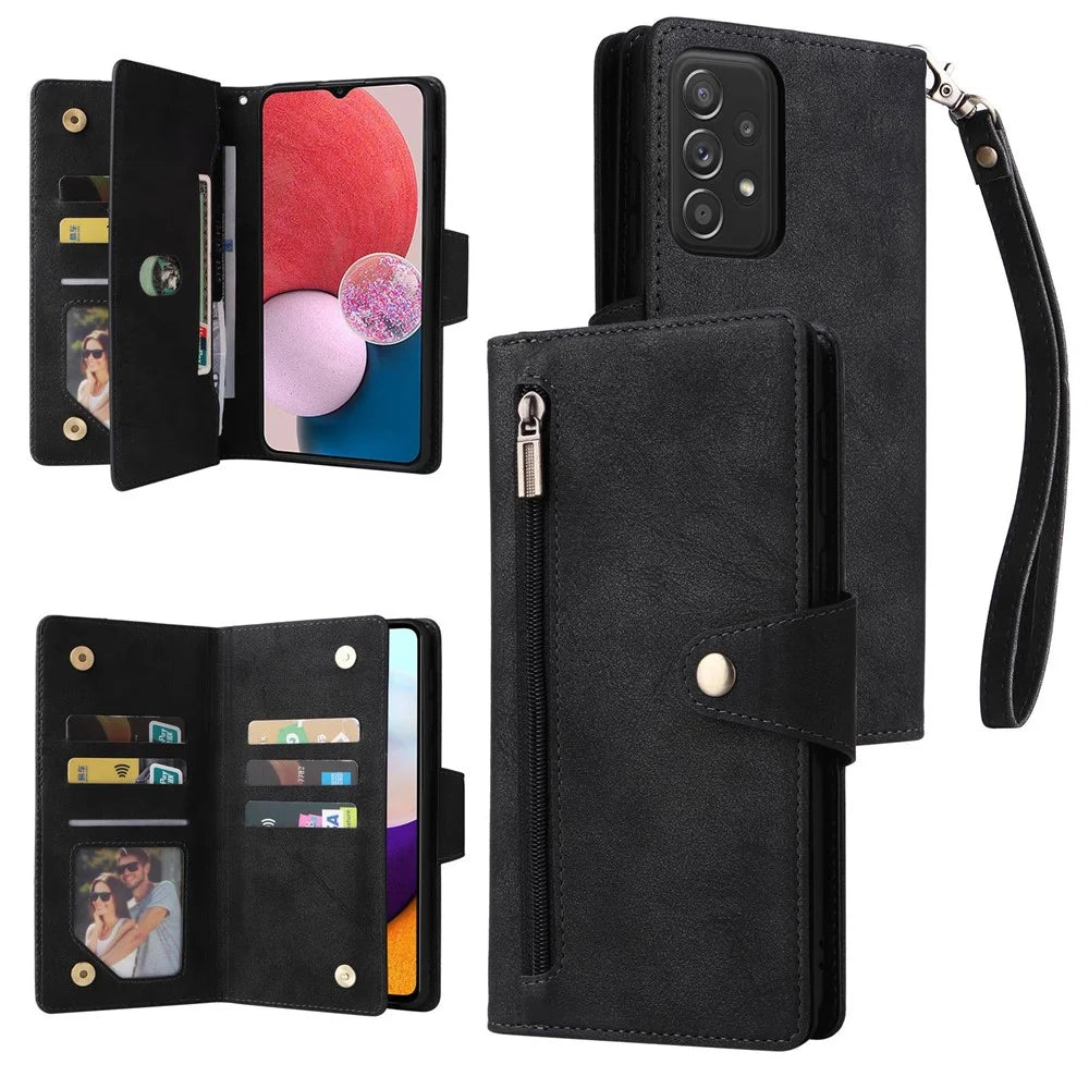 For Samsung Galaxy A13 4G / 5G / A04s 4G (164.7mm) / A04 4G (164.4mm) / M13 5G Wallet Zipper Phone Case PU Leather Stand Case with Strap - Black - 1