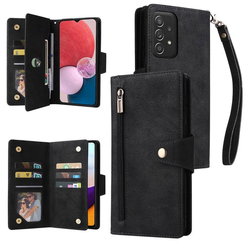 For Samsung Galaxy A13 4G / 5G / A04s 4G (164.7mm) / A04 4G (164.4mm) / M13 5G Wallet Zipper Phone Case PU Leather Stand Case with Strap - Black - 1