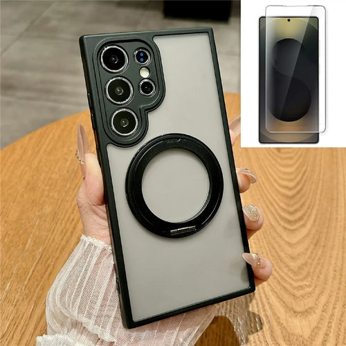 For Samsung Galaxy S25 Ultra Magnetic Case Rotating Kickstand TPU+PC Phone Cover with Tempered Glass Film - 1