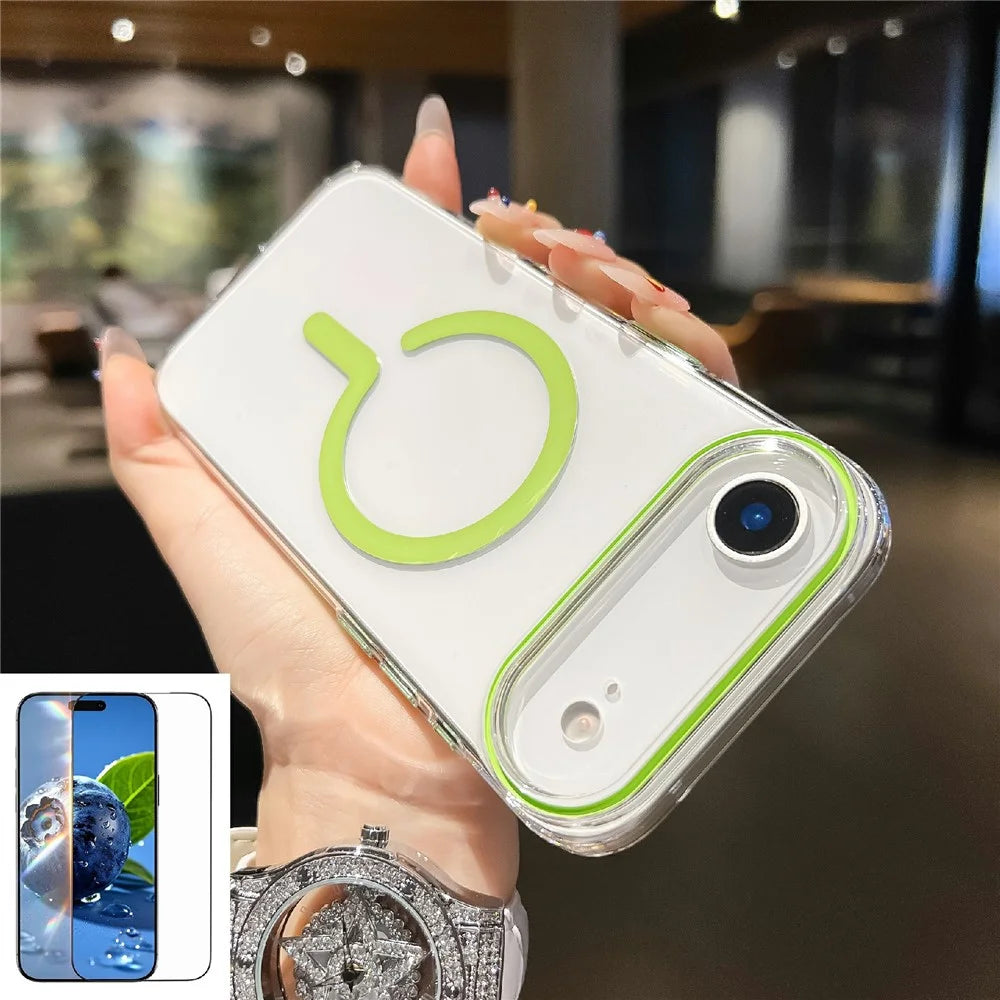 For iPhone Air Crystal Clear Case Compatible with MagSafe Hard PC Phone Cover with Tempered Glass Film - Fluorescent Green - 1