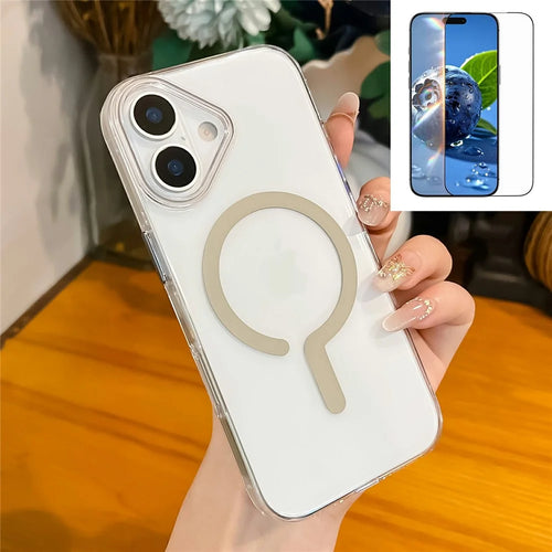 For iPhone 17 Crystal Clear Case Compatible with MagSafe Hard PC Phone Cover with Tempered Glass Film - Desert Gold - 1