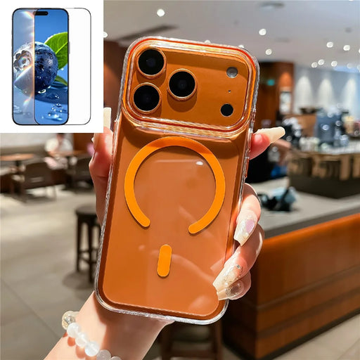 For iPhone 17 Pro Crystal Clear Case Compatible with MagSafe Hard PC Phone Cover with Tempered Glass Film - Orange - 1
