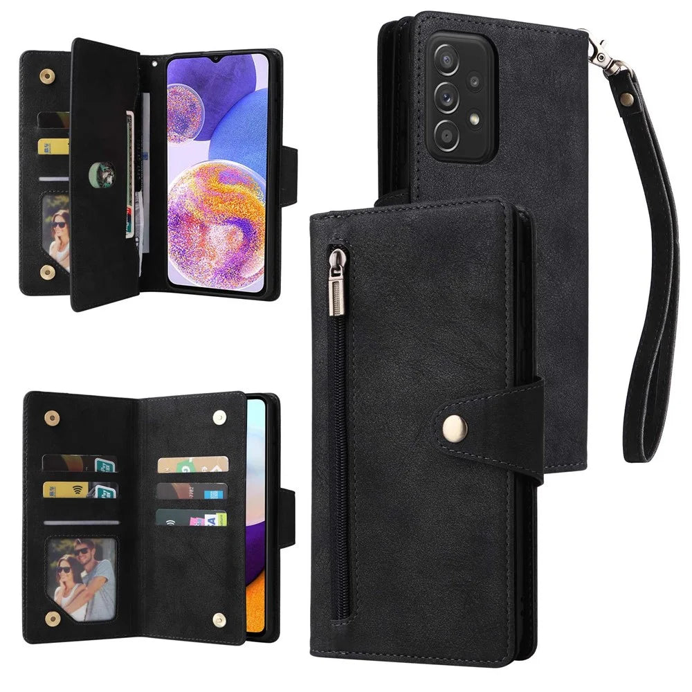 For Samsung Galaxy A23 4G / A23 5G (Global Version) / M23 5G / F23 5G Supporting Stand Wallet Zipper Pocket Phone Cover Rivet Buckle PU Leather Phone Case with Strap - Black - 1