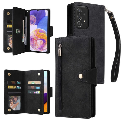 For Samsung Galaxy A23 4G / A23 5G (Global Version) / M23 5G / F23 5G Supporting Stand Wallet Zipper Pocket Phone Cover Rivet Buckle PU Leather Phone Case with Strap - Black - 1