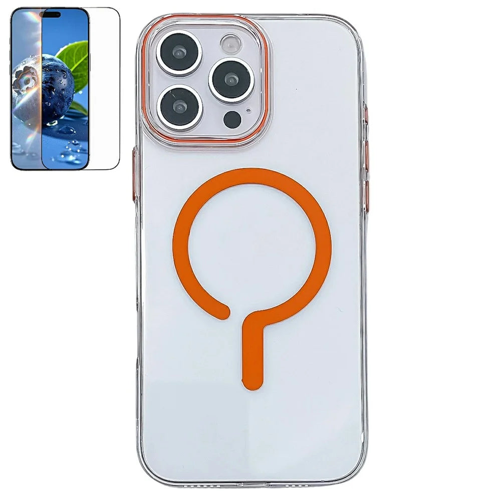 For iPhone 16 Pro Crystal Clear Case Compatible with MagSafe Hard PC Phone Cover with Tempered Glass Film - Orange - 1