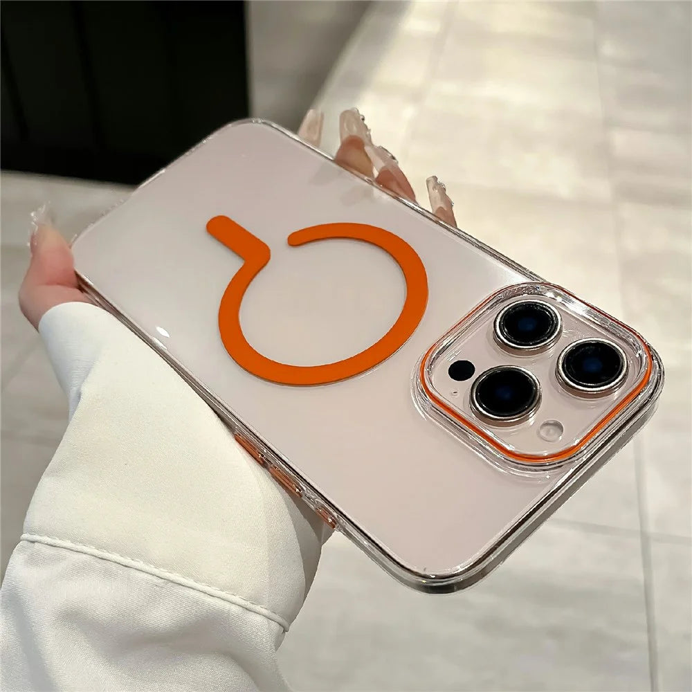 For iPhone 16 Pro Crystal Clear Case Compatible with MagSafe Hard PC Phone Cover with Tempered Glass Film - Orange - 2