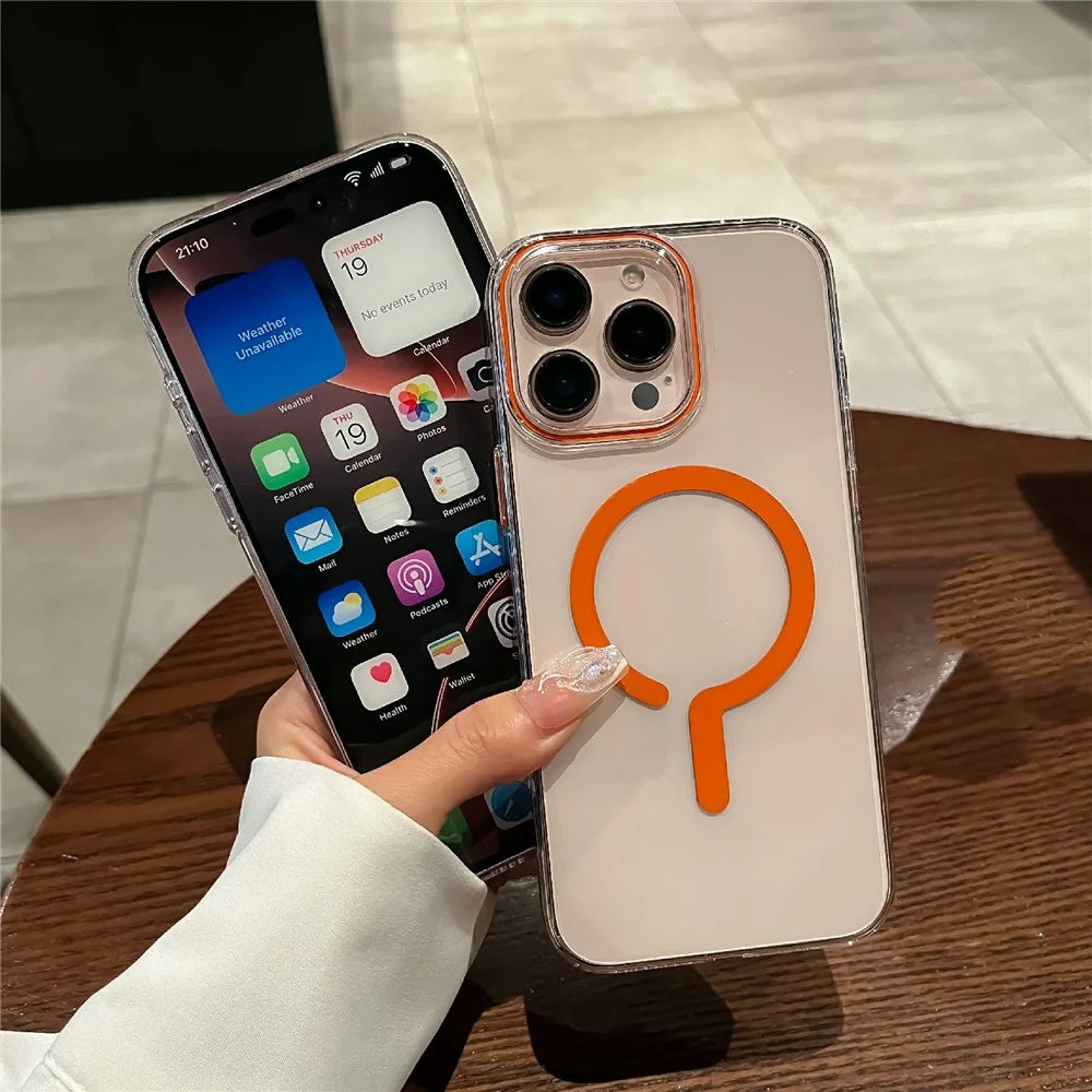 For iPhone 16 Pro Crystal Clear Case Compatible with MagSafe Hard PC Phone Cover with Tempered Glass Film - Orange - 4