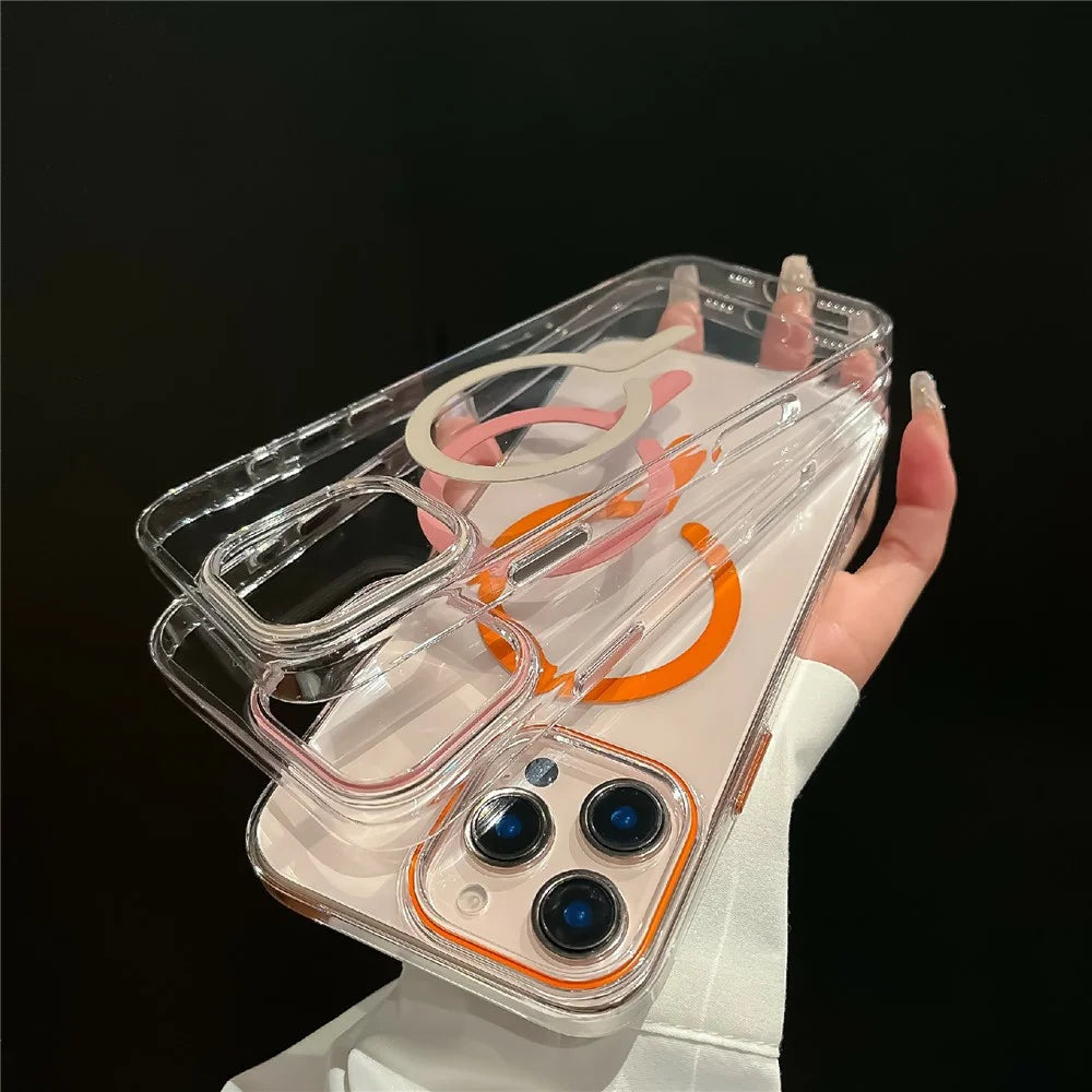For iPhone 16 Pro Crystal Clear Case Compatible with MagSafe Hard PC Phone Cover with Tempered Glass Film - Orange - 5