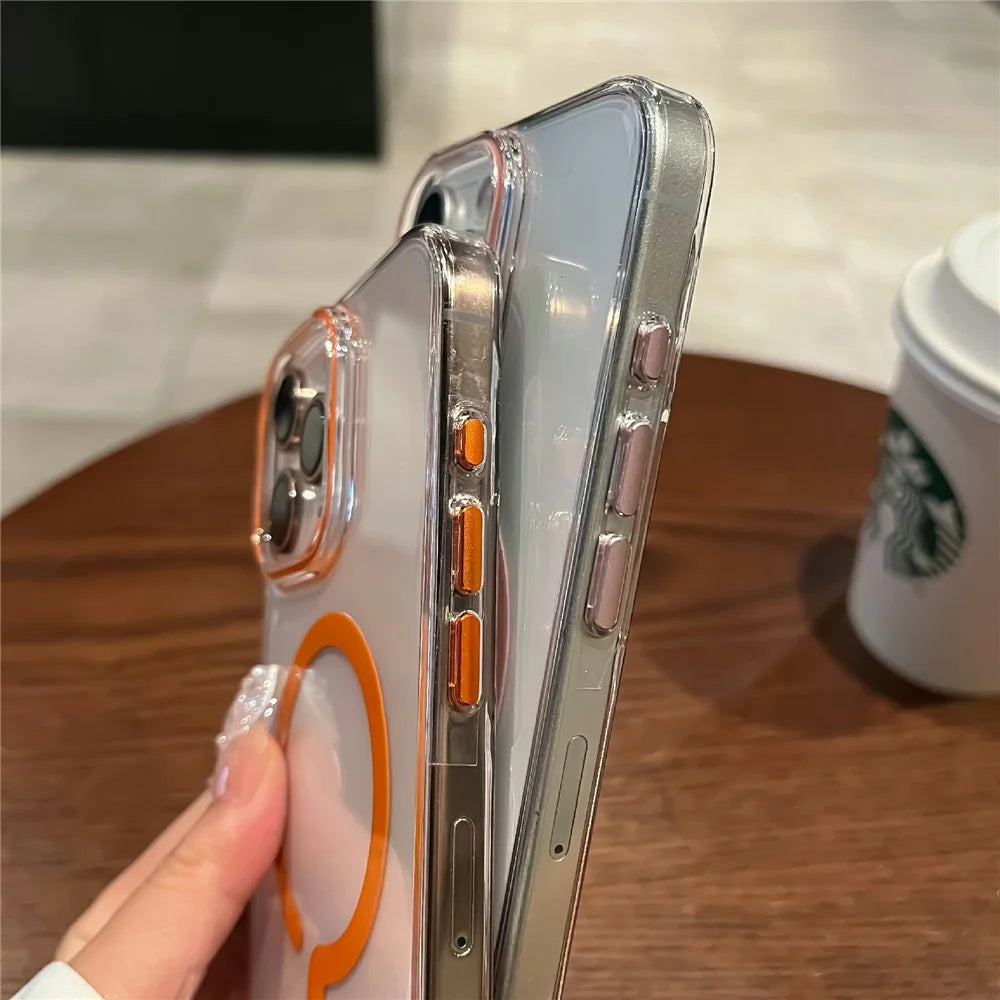 For iPhone 16 Pro Crystal Clear Case Compatible with MagSafe Hard PC Phone Cover with Tempered Glass Film - Orange - 6